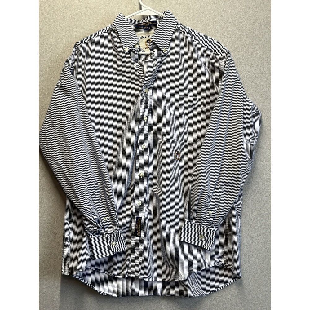 Vintage‎ 90s Tommy Hilfiger Button Down Shirt Size 16-34 Blue White Striped Y2K